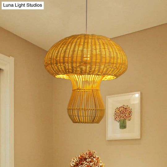 1-Light Asian Style Hallway Hanging Pendant Light With Rattan Mushroom Shade - Brown/Beige