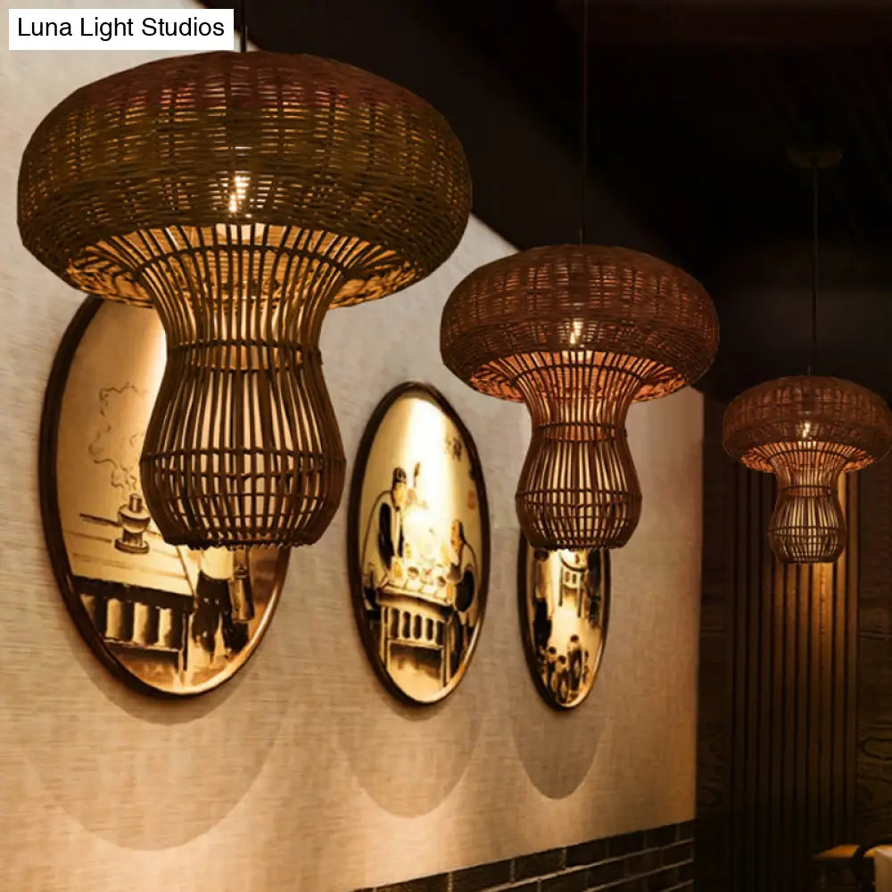 1-Light Asian Style Hallway Hanging Pendant Light With Rattan Mushroom Shade - Brown/Beige