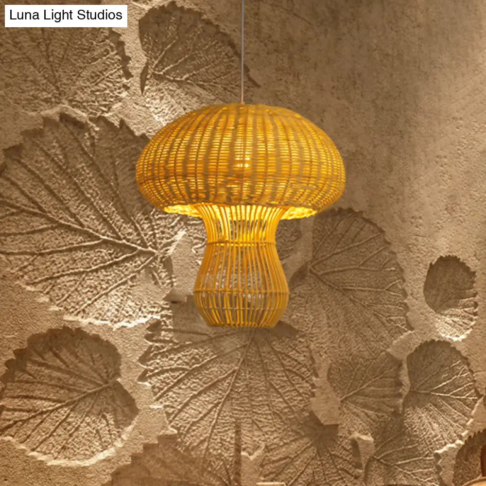 1-Light Asian Style Hallway Hanging Pendant Light With Rattan Mushroom Shade - Brown/Beige