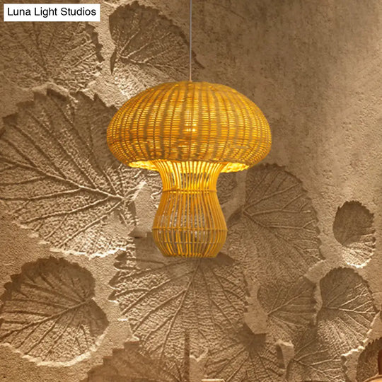 1-Light Asian Style Hallway Hanging Pendant Light With Rattan Mushroom Shade - Brown/Beige