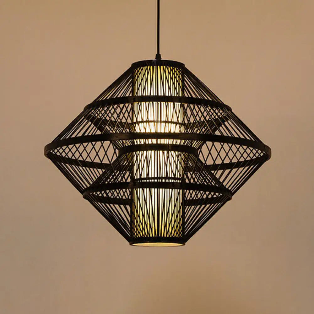 1-Light Asian Style Layered Bamboo Shade Ceiling Light For Tea Rooms Black / 19.5