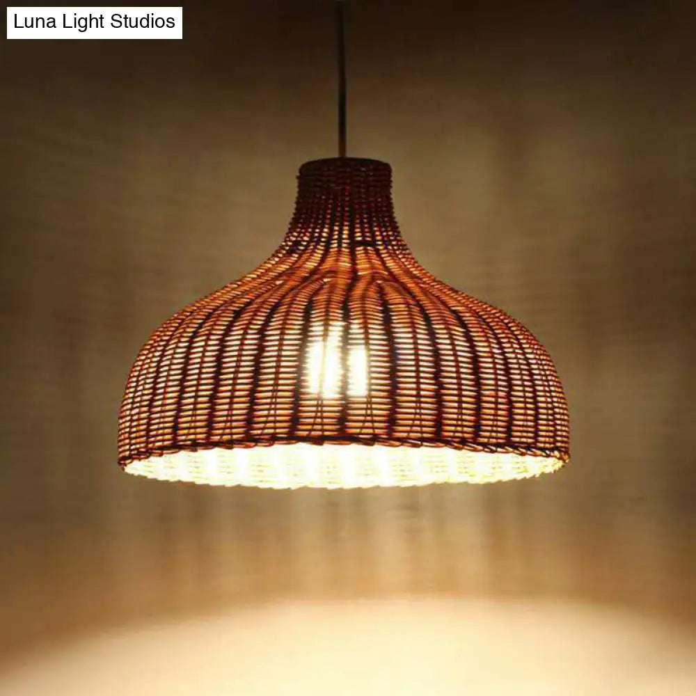 1-Light Bamboo Onion Shaped Hanging Lamp - Asian Style Pendant Fixture For Living Room