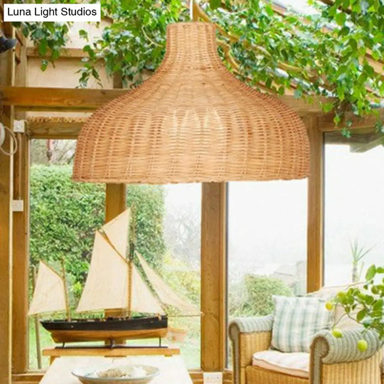 1-Light Bamboo Onion Shaped Hanging Lamp - Asian Style Pendant Fixture For Living Room