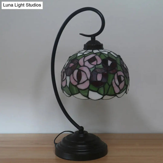 1-Light Baroque Dark Coffee Flower Patterned Desk Lamp For Bedroom Enchanting Dome Stained Glass