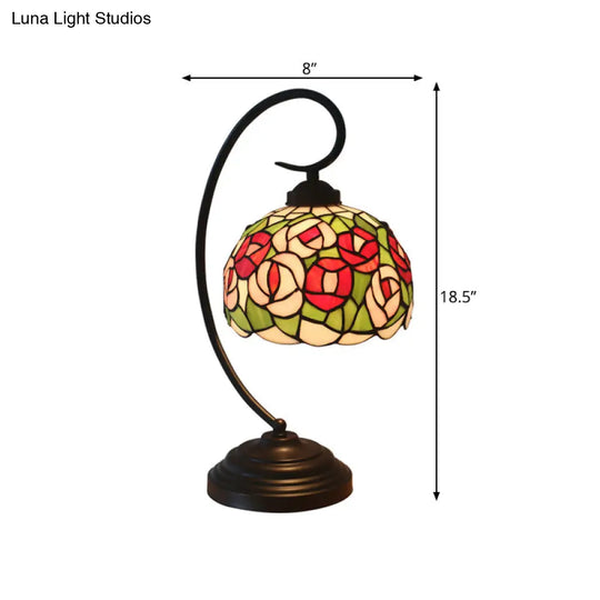 1-Light Baroque Dark Coffee Flower Patterned Desk Lamp For Bedroom Enchanting Dome Stained Glass