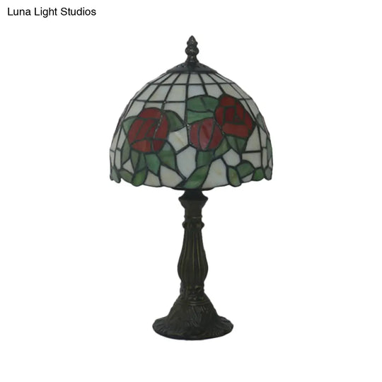 1-Light Baroque Style Stained Art Glass Nightstand Light With Bloom Pattern In Red/Pink For Bedroom