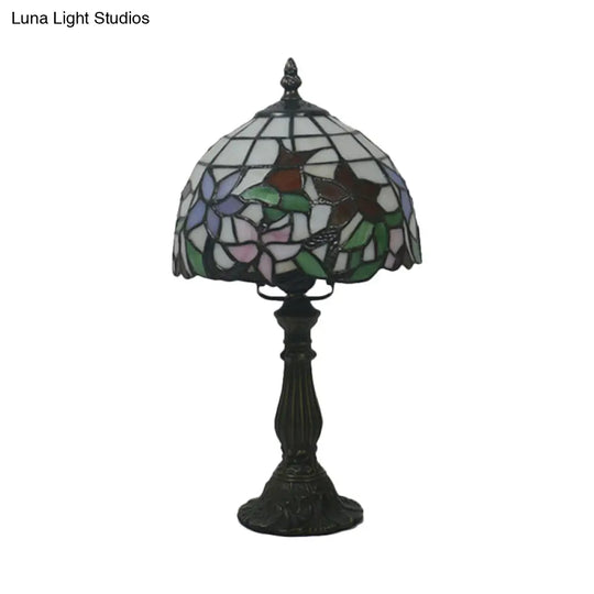 1-Light Baroque Style Stained Art Glass Nightstand Light With Bloom Pattern In Red/Pink For Bedroom