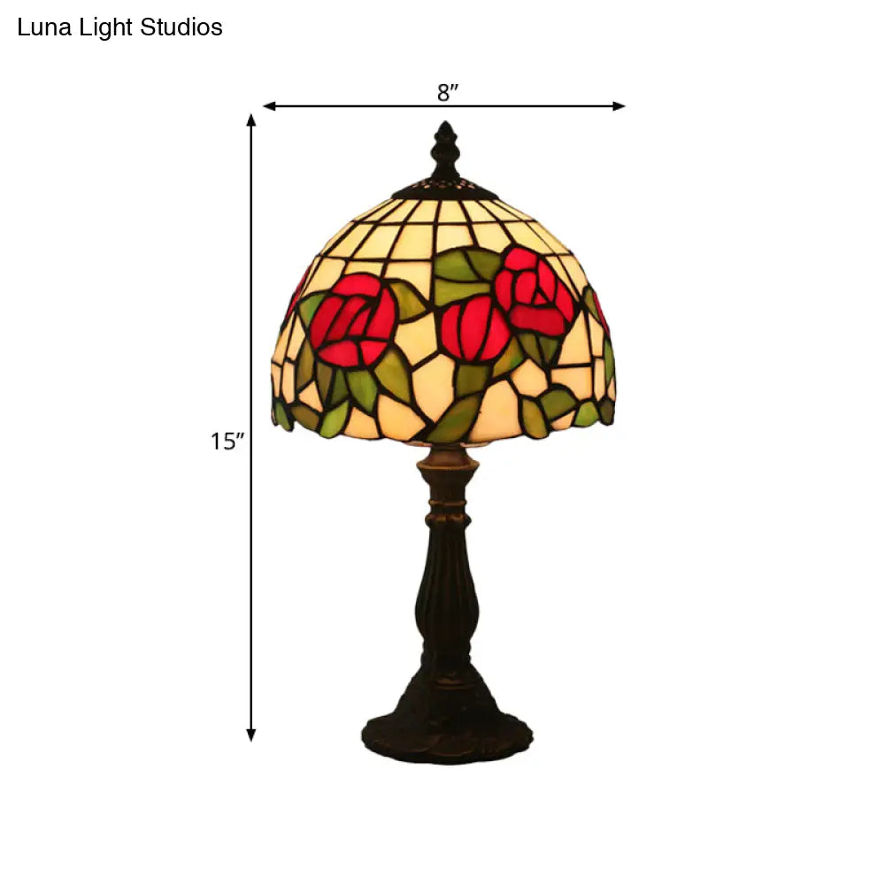 1-Light Baroque Style Stained Art Glass Nightstand Light With Bloom Pattern In Red/Pink For Bedroom