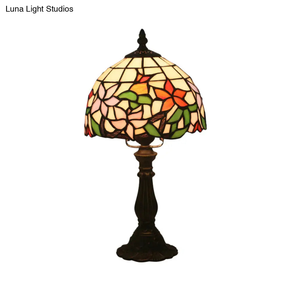 1-Light Baroque Style Stained Art Glass Nightstand Light With Bloom Pattern In Red/Pink For Bedroom