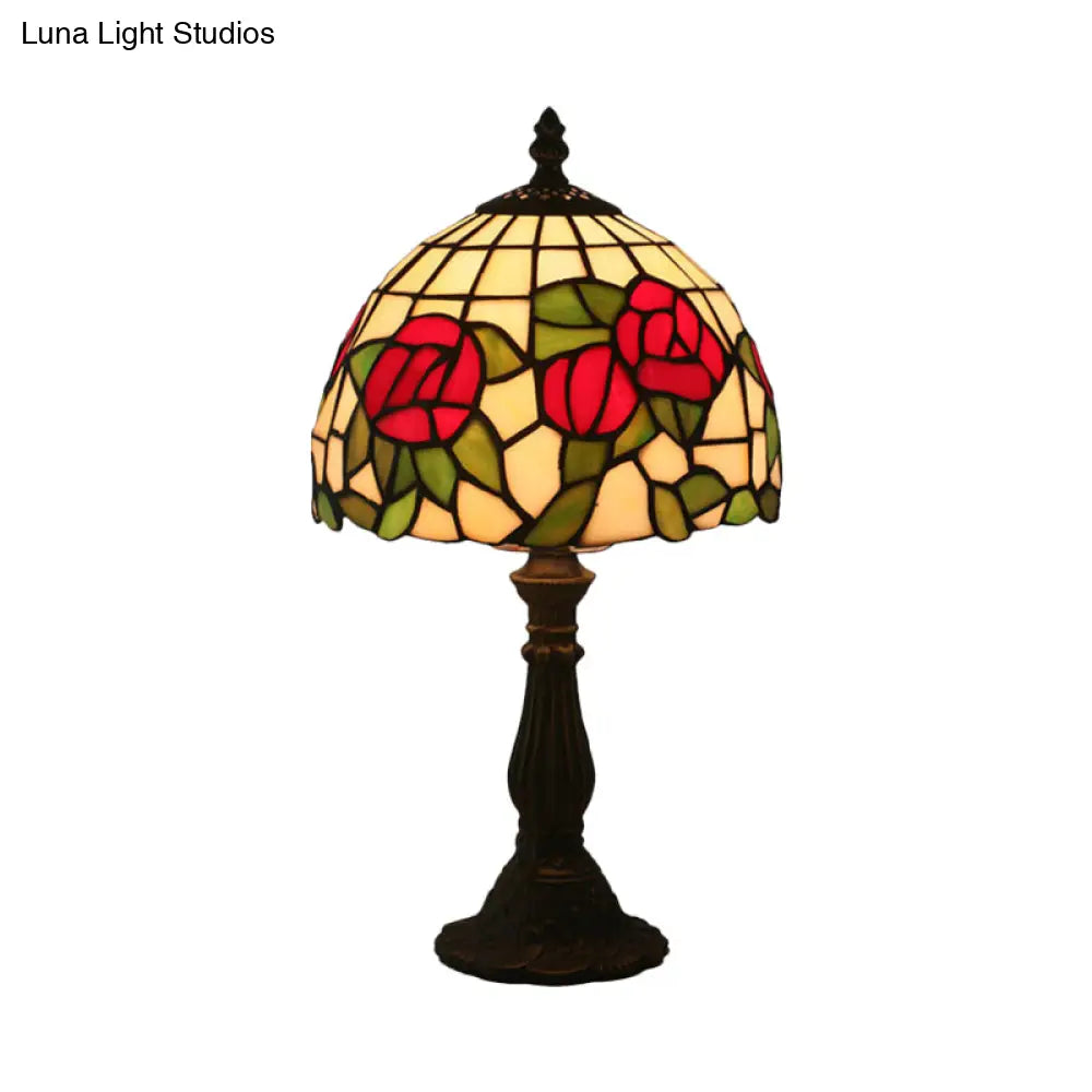 1-Light Baroque Style Stained Art Glass Nightstand Light With Bloom Pattern In Red/Pink For Bedroom