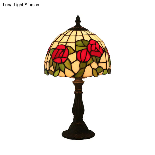 1-Light Baroque Style Stained Art Glass Nightstand Light With Bloom Pattern In Red/Pink For Bedroom