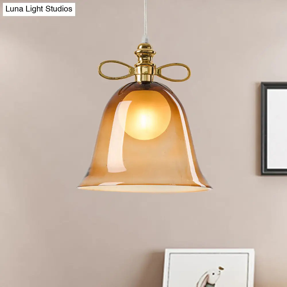 Simplicity Brown Pendant Light With Bell Glass Shade Single Ceiling Hanging Lamp