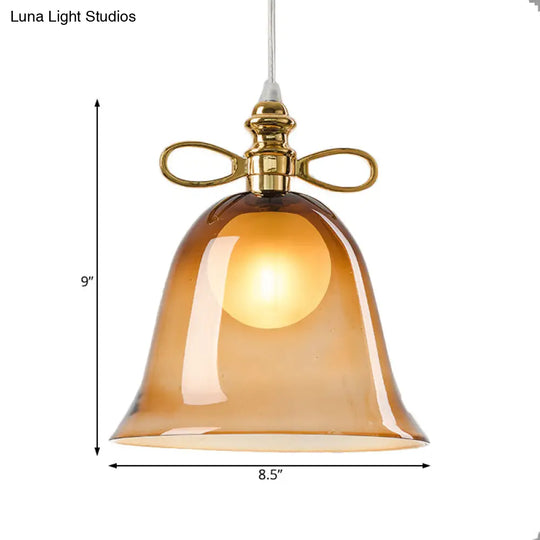 Simplicity Brown Pendant Light With Bell Glass Shade Single Ceiling Hanging Lamp