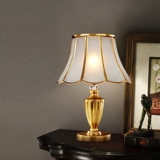 1-Light Beveled Glass Flower Table Lamp In Brass For Minimalistic Bedside Styling