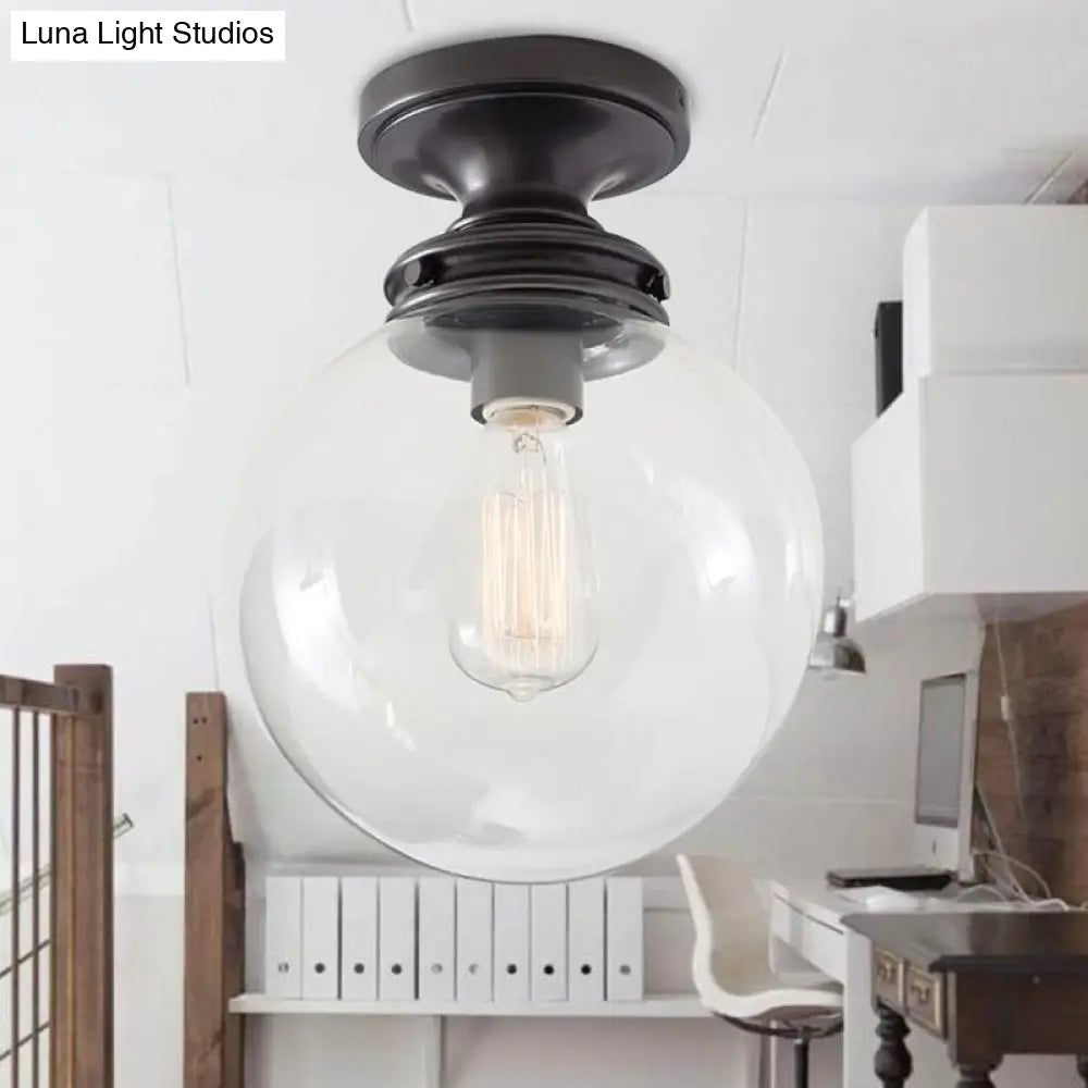 1-Light Black Industrial Ceiling Light With Clear Glass Shade - Round Flush-Mount Lamp For Cloth