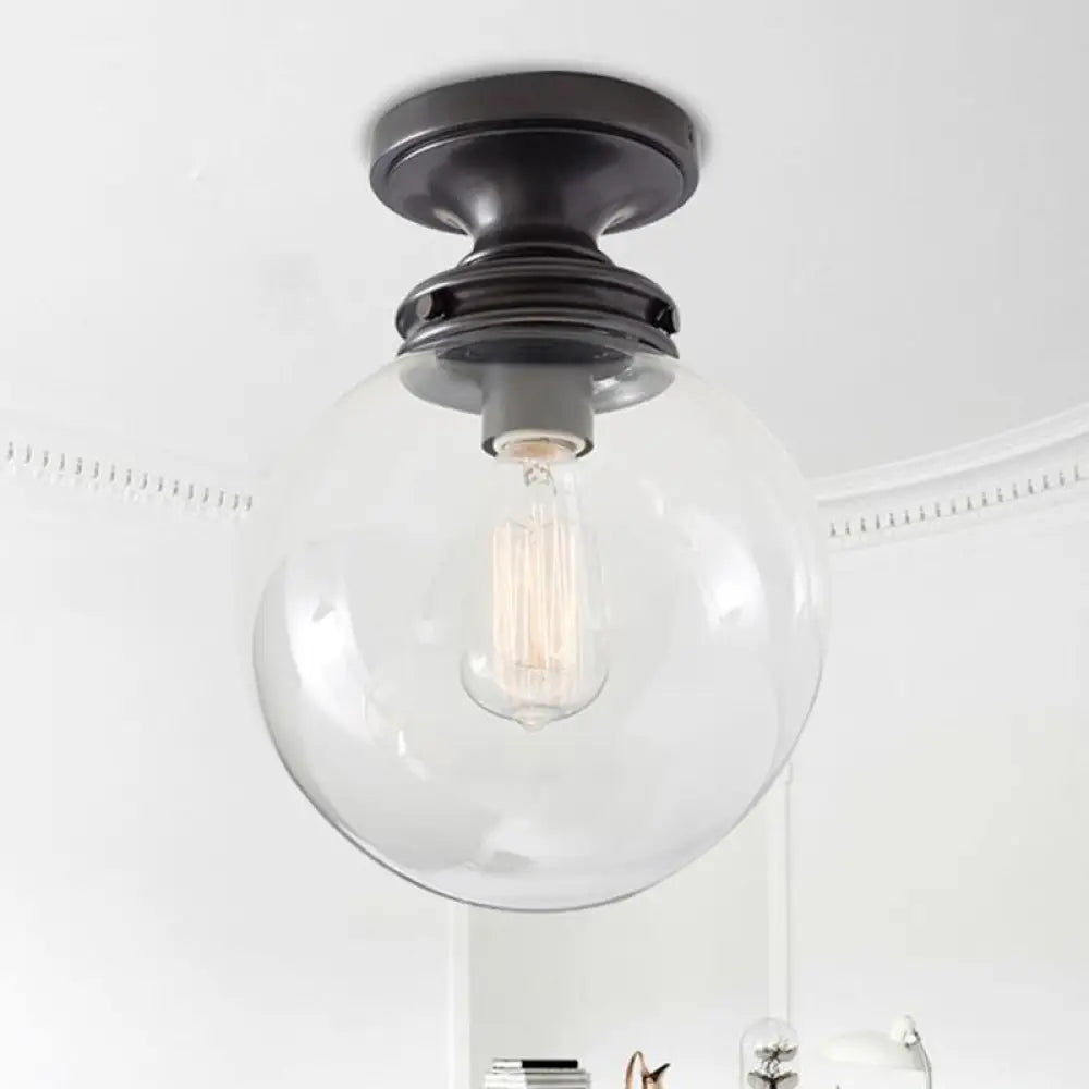 1-Light Black Industrial Ceiling Light With Clear Glass Shade - Round Flush-Mount Lamp For Cloth
