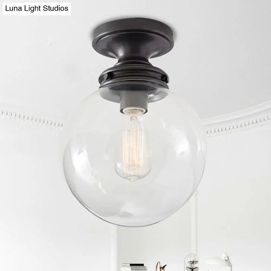 1-Light Black Industrial Ceiling Light With Clear Glass Shade - Round Flush-Mount Lamp For Cloth