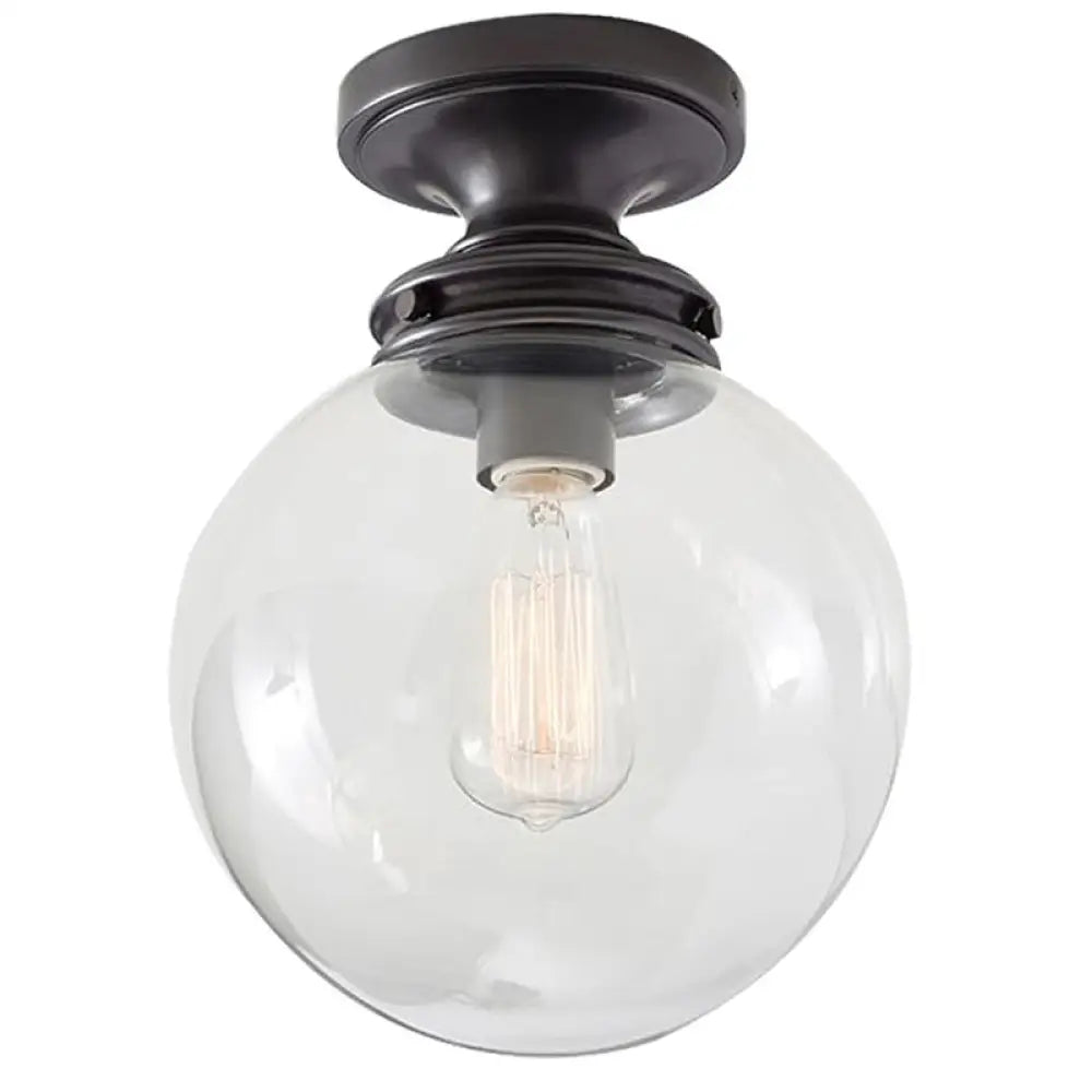 1-Light Black Industrial Ceiling Light With Clear Glass Shade - Round Flush-Mount Lamp For Cloth