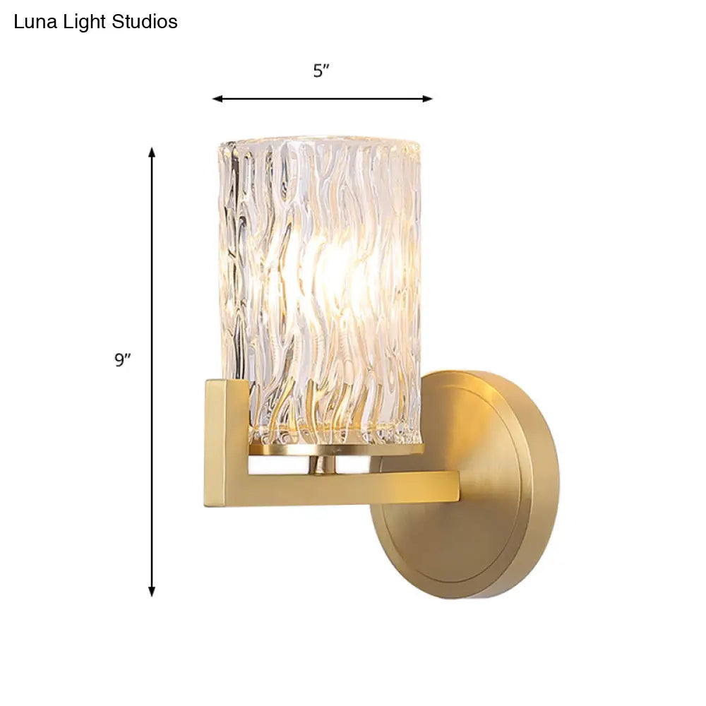 1-Light Brass Wall Mount For Bedroom With Cylinder Rippled Glass