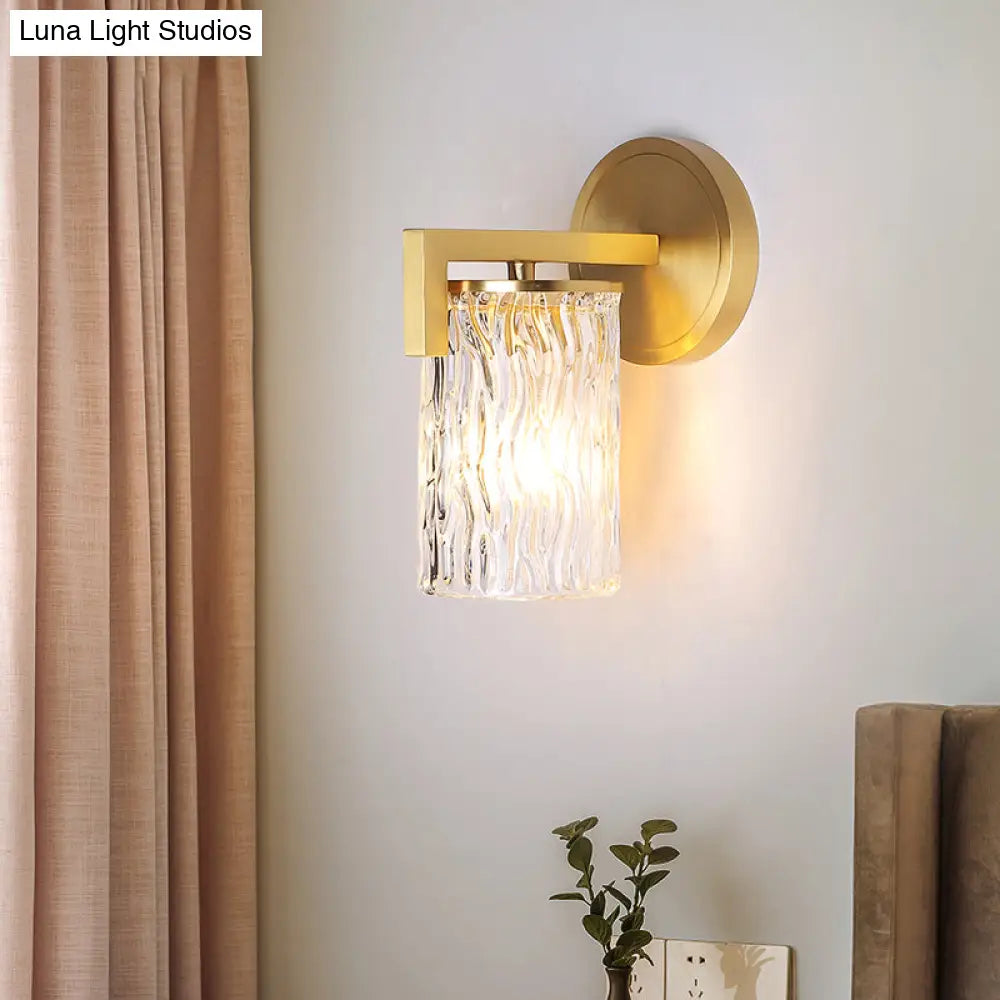 1-Light Brass Wall Mount For Bedroom With Cylinder Rippled Glass