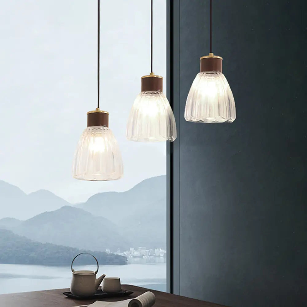 1-Light Brown Glass Pendant Ceiling Fixture For Dining Room With Clear Bell Shade