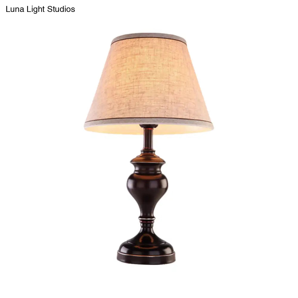 1-Light Brown Reading Lamp - Tapered Fabric Nightstand Lighting For Bedroom