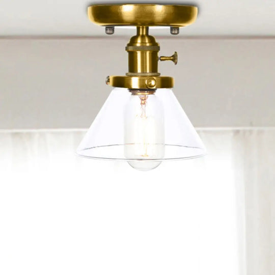 1-Light Clear/Amber Glass Ceiling Lighting - Industrial Brass Cone/Rhombus/Bell Semi Flush Mount