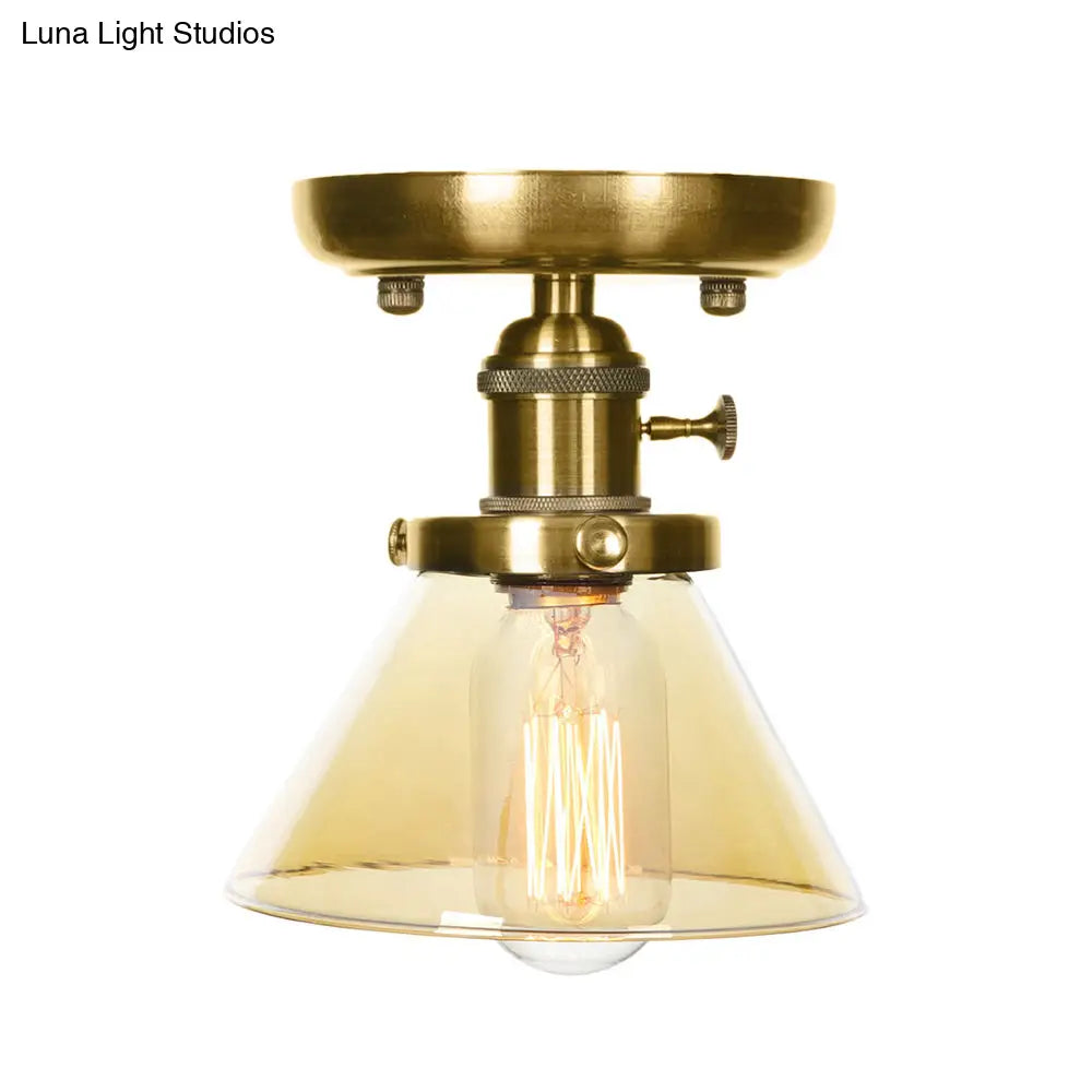 1-Light Clear/Amber Glass Ceiling Lighting - Industrial Brass Cone/Rhombus/Bell Semi Flush Mount