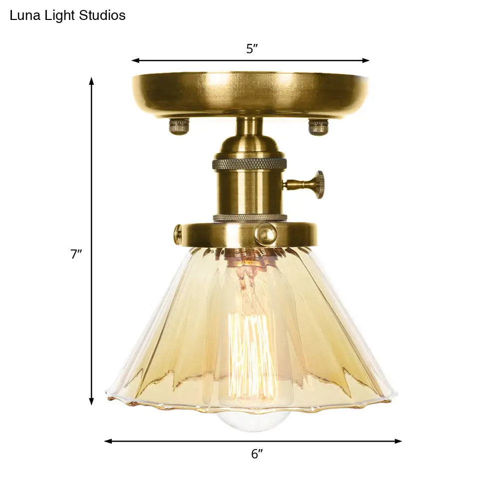 1-Light Clear/Amber Glass Ceiling Lighting - Industrial Brass Cone/Rhombus/Bell Semi Flush Mount For