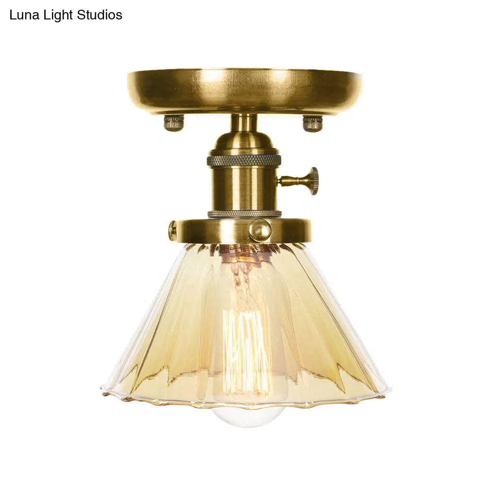 1-Light Clear/Amber Glass Ceiling Lighting - Industrial Brass Cone/Rhombus/Bell Semi Flush Mount For