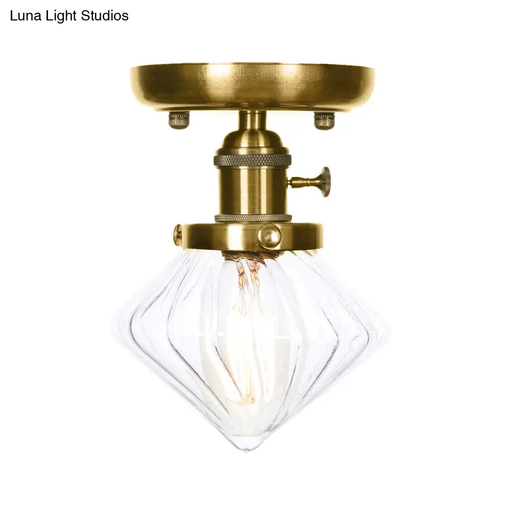 1-Light Clear/Amber Glass Ceiling Lighting - Industrial Brass Cone/Rhombus/Bell Semi Flush Mount For