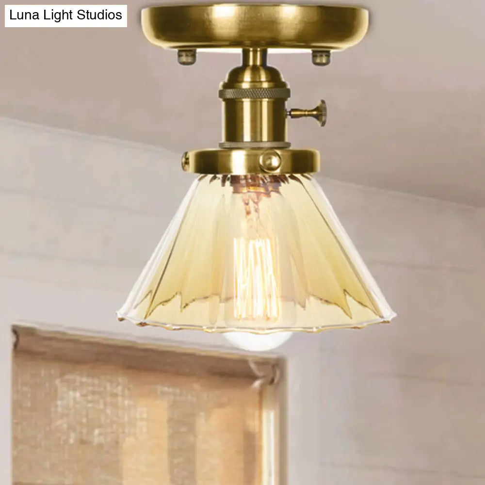 1-Light Clear/Amber Glass Ceiling Lighting - Industrial Brass Cone/Rhombus/Bell Semi Flush Mount For