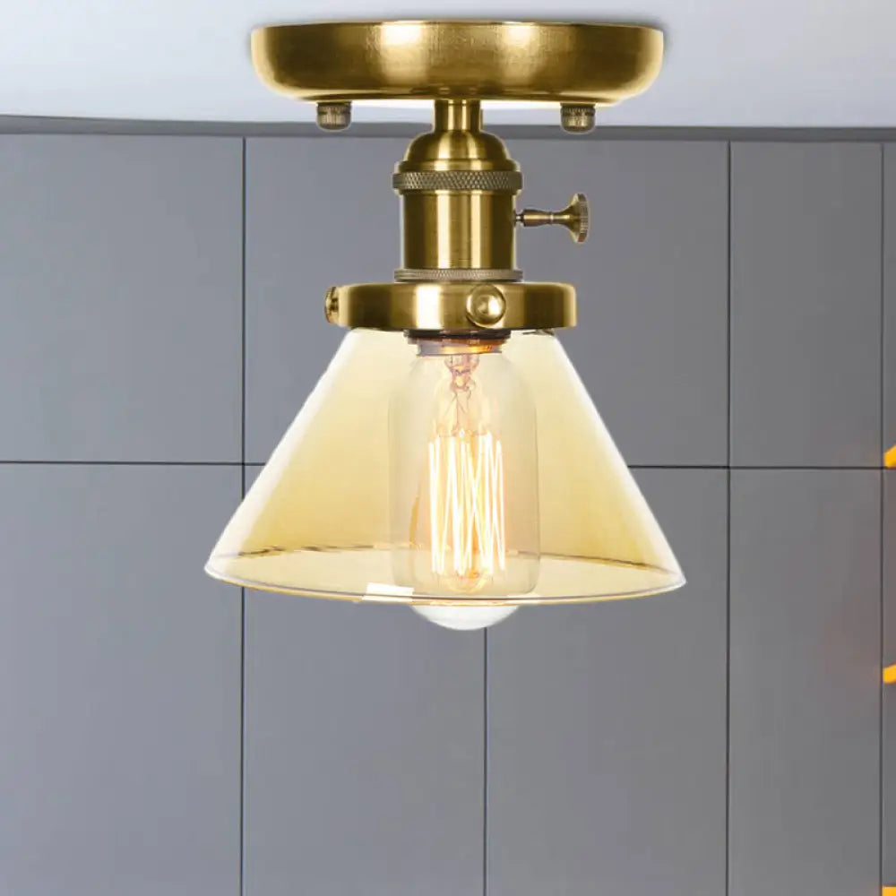 1-Light Clear/Amber Glass Ceiling Lighting - Industrial Brass Cone/Rhombus/Bell Semi Flush Mount