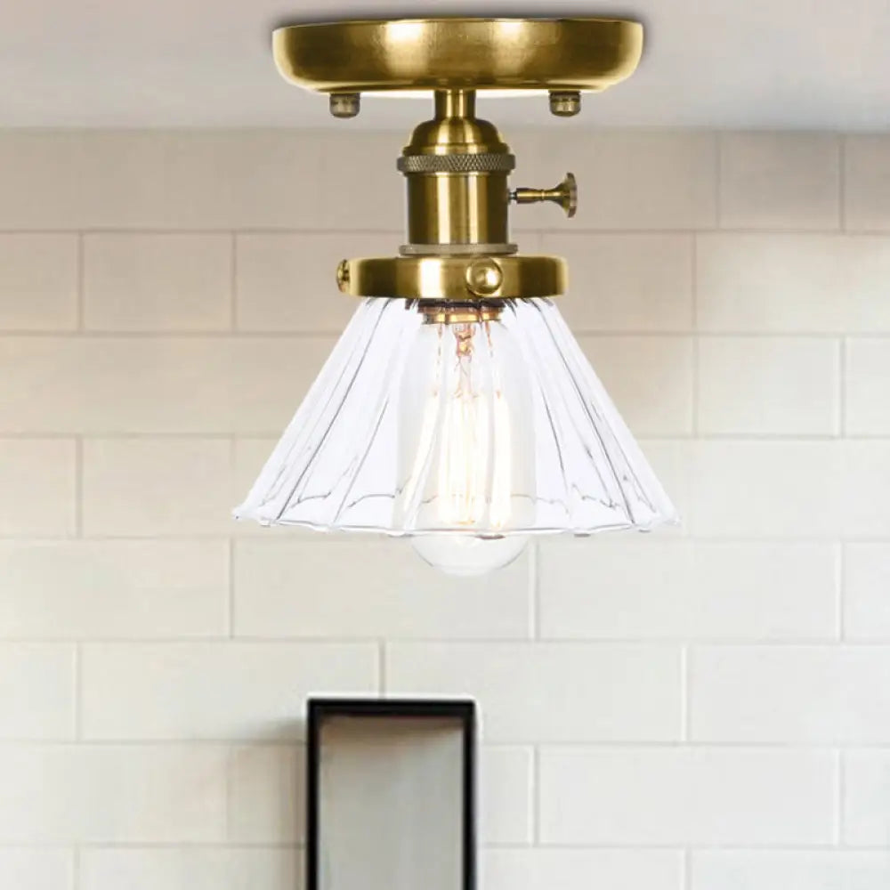 1-Light Clear/Amber Glass Ceiling Lighting - Industrial Brass Cone/Rhombus/Bell Semi Flush Mount