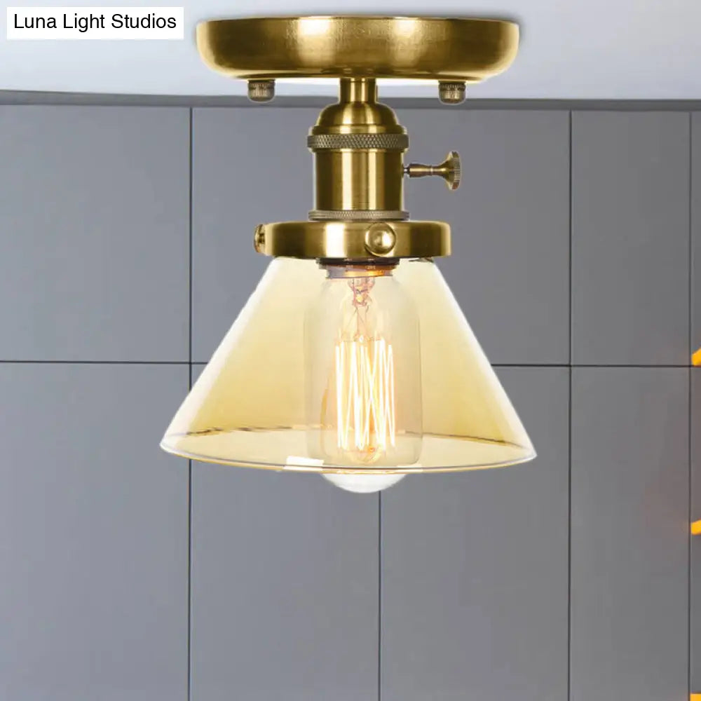 1-Light Clear/Amber Glass Ceiling Lighting - Industrial Brass Cone/Rhombus/Bell Semi Flush Mount For