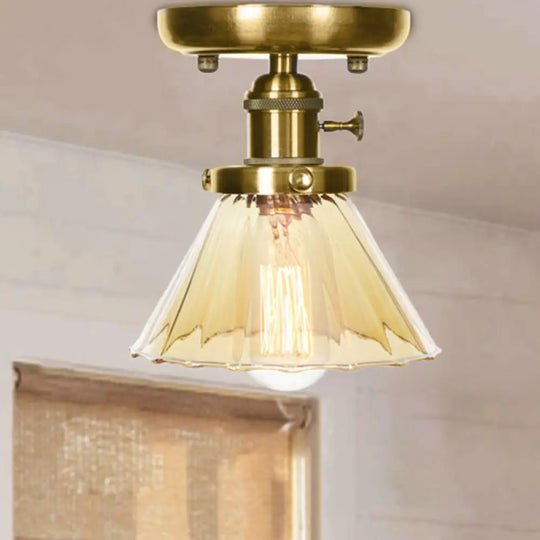 1-Light Clear/Amber Glass Ceiling Lighting - Industrial Brass Cone/Rhombus/Bell Semi Flush Mount