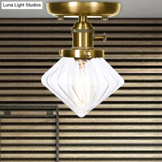 1-Light Clear/Amber Glass Ceiling Lighting - Industrial Brass Cone/Rhombus/Bell Semi Flush Mount For