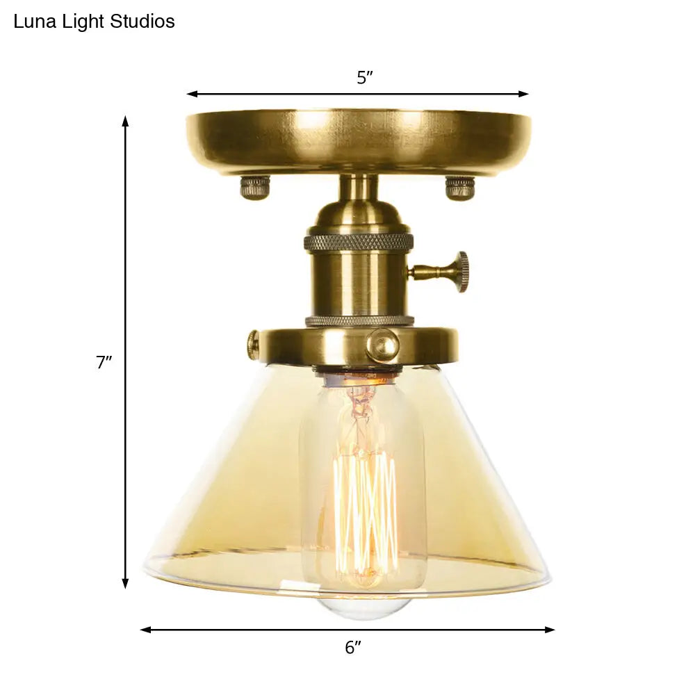 1-Light Clear/Amber Glass Ceiling Lighting - Industrial Brass Cone/Rhombus/Bell Semi Flush Mount For