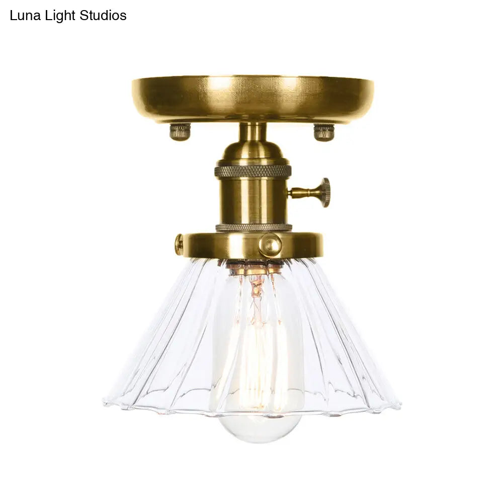 1-Light Clear/Amber Glass Ceiling Lighting - Industrial Brass Cone/Rhombus/Bell Semi Flush Mount For