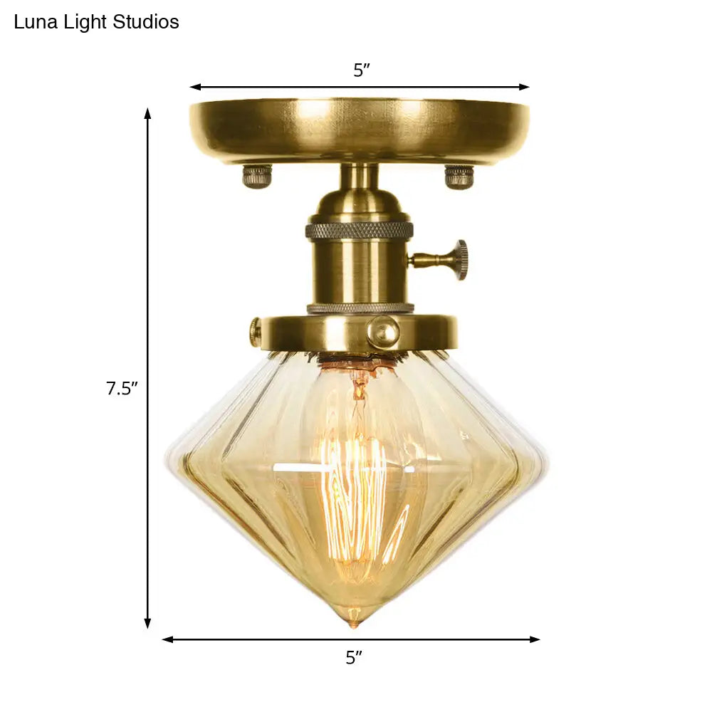 1-Light Clear/Amber Glass Ceiling Lighting - Industrial Brass Cone/Rhombus/Bell Semi Flush Mount For