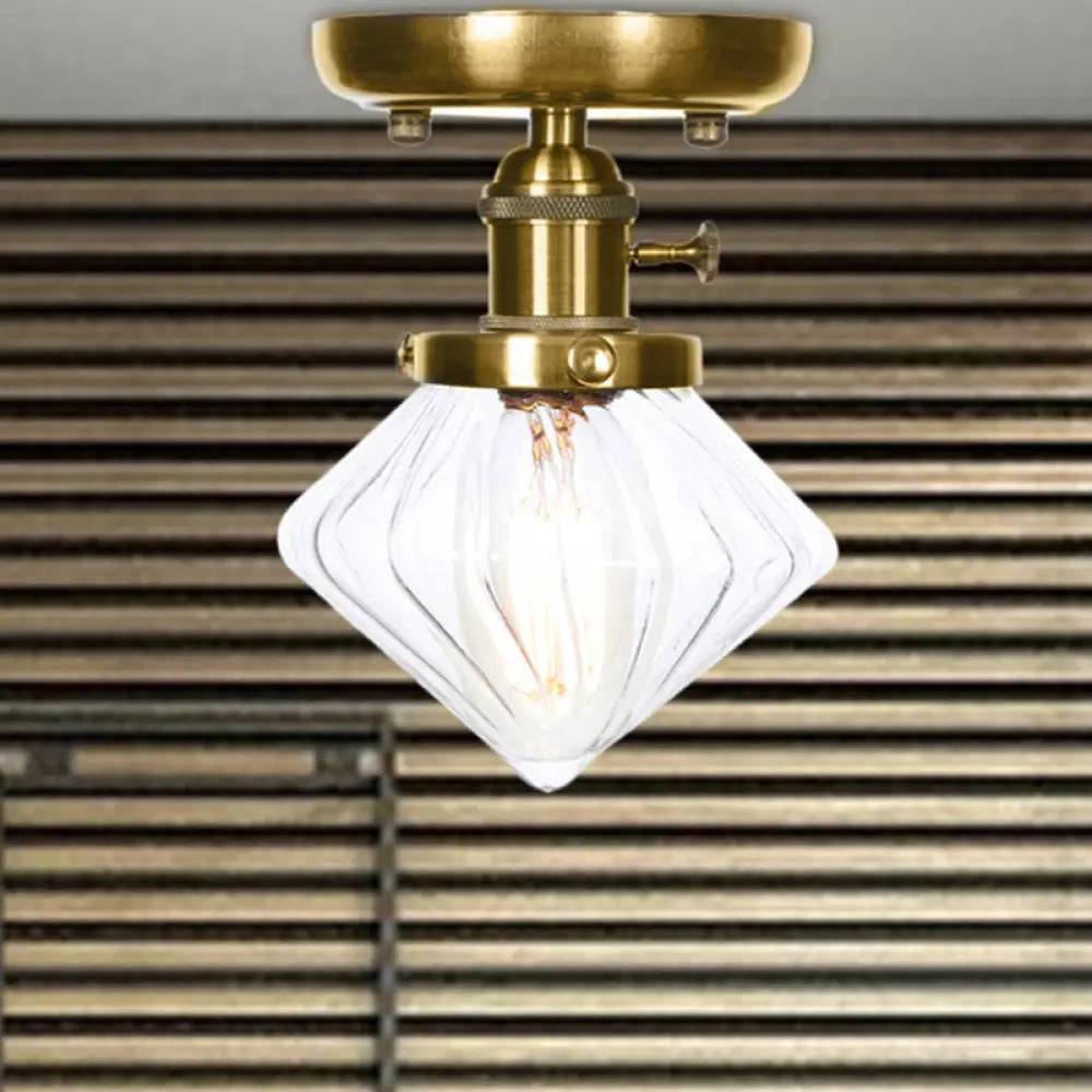 1-Light Clear/Amber Glass Ceiling Lighting - Industrial Brass Cone/Rhombus/Bell Semi Flush Mount