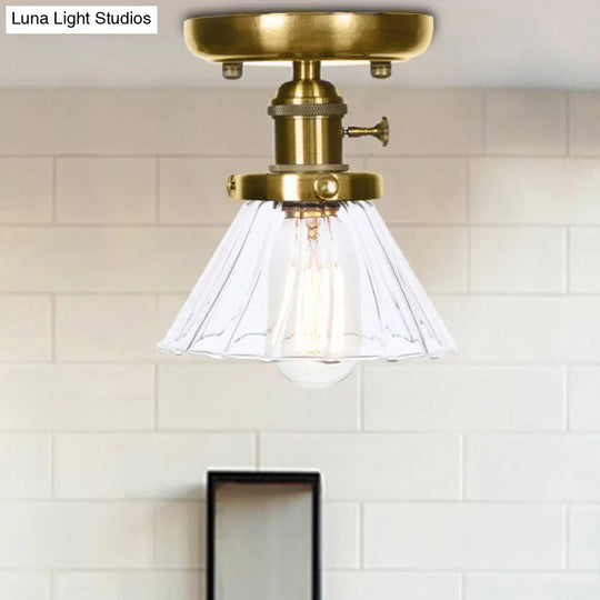 1-Light Clear/Amber Glass Ceiling Lighting - Industrial Brass Cone/Rhombus/Bell Semi Flush Mount For