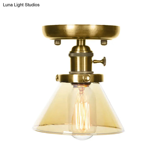 1-Light Clear/Amber Glass Ceiling Lighting - Industrial Brass Cone/Rhombus/Bell Semi Flush Mount For