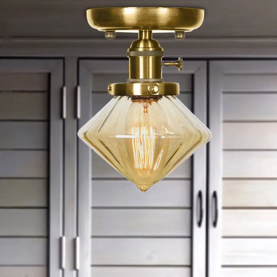 1-Light Clear/Amber Glass Ceiling Lighting - Industrial Brass Cone/Rhombus/Bell Semi Flush Mount