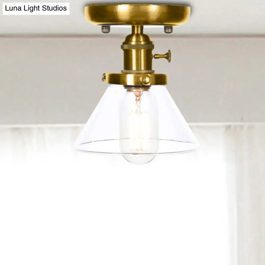 1-Light Clear/Amber Glass Ceiling Lighting - Industrial Brass Cone/Rhombus/Bell Semi Flush Mount For