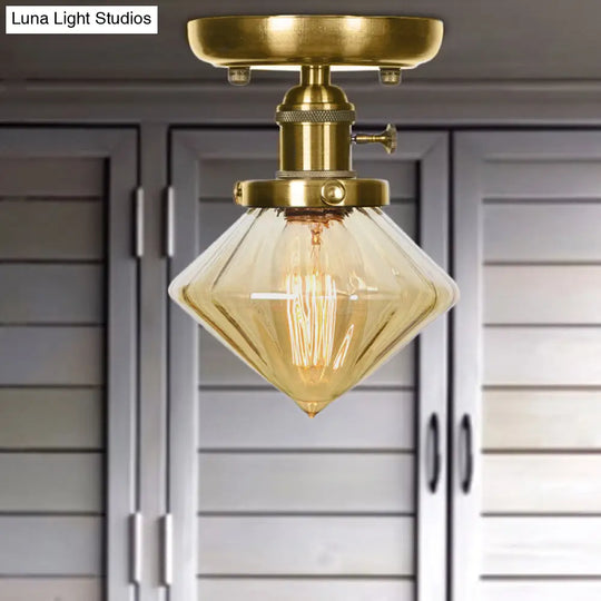 1-Light Clear/Amber Glass Ceiling Lighting - Industrial Brass Cone/Rhombus/Bell Semi Flush Mount For