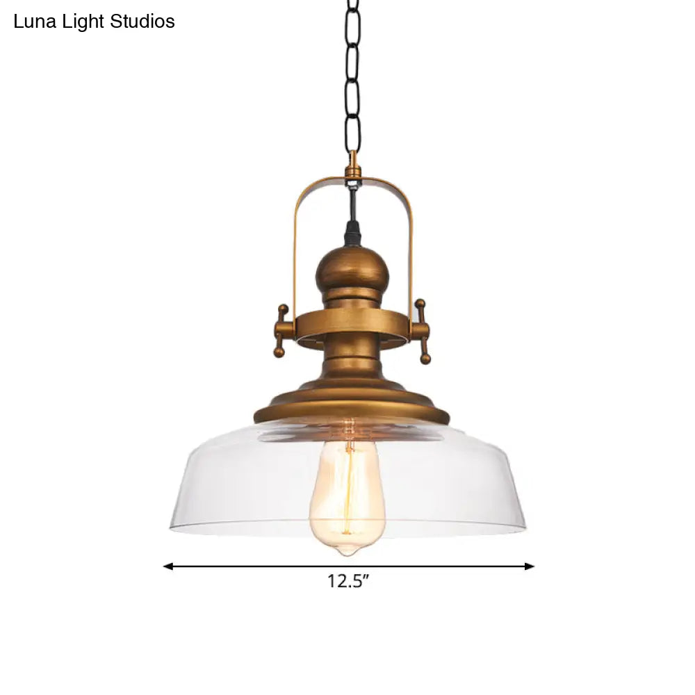 1-Light Clear Glass Dome Pendant Light Fixture - Factory Brass Look Ideal For Coffee Shop