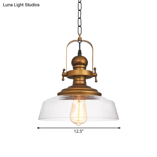 1-Light Clear Glass Dome Pendant Light Fixture - Factory Brass Look Ideal For Coffee Shop