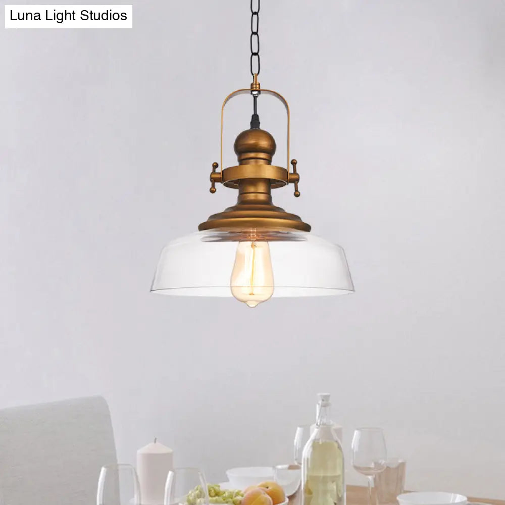 1-Light Clear Glass Dome Pendant Light Fixture - Factory Brass Look Ideal For Coffee Shop