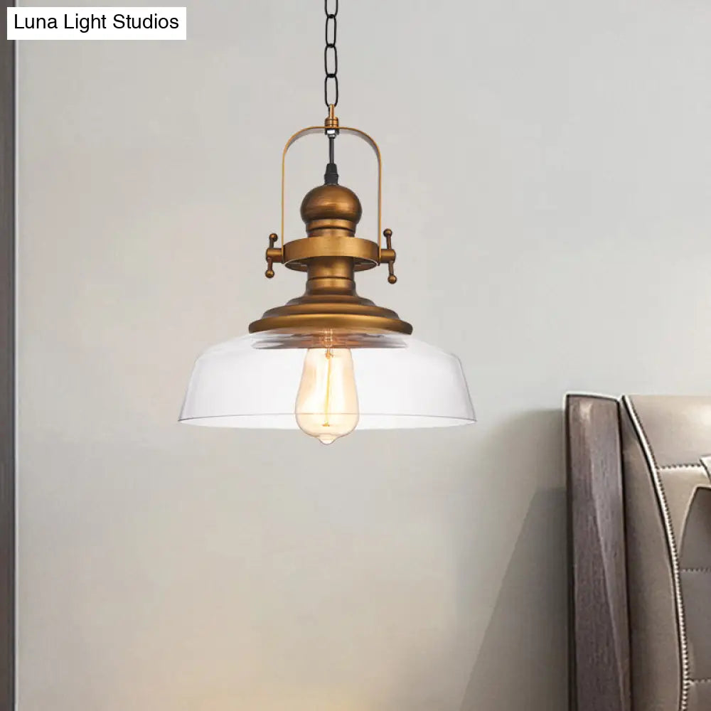 1-Light Clear Glass Dome Pendant Light Fixture - Factory Brass Look Ideal For Coffee Shop